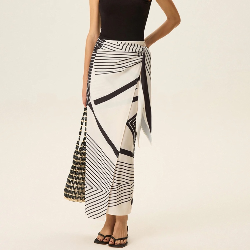 Commense Black and White Print Wrap Midi Skirt